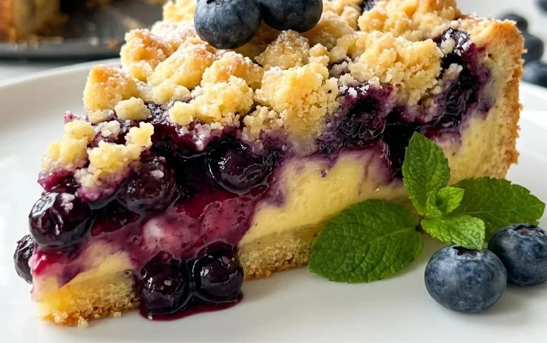 Blaubeerkuchen mit Pudding und Streusel